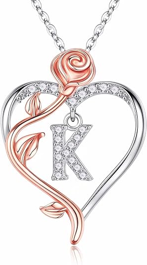 Rose Heart Initial Necklace 925 Sterling Silver Gift for Women
