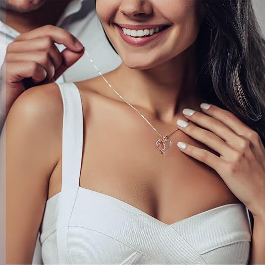 Rose Heart Initial Necklace 925 Sterling Silver Gift for Women