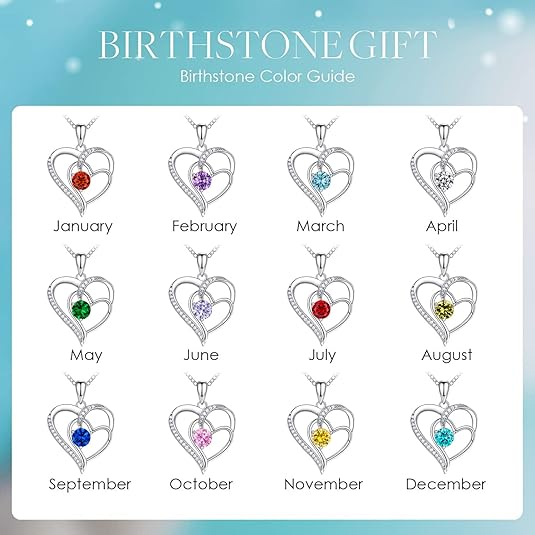 Birthstone Heart Necklace 925 Silver White Gold Plated