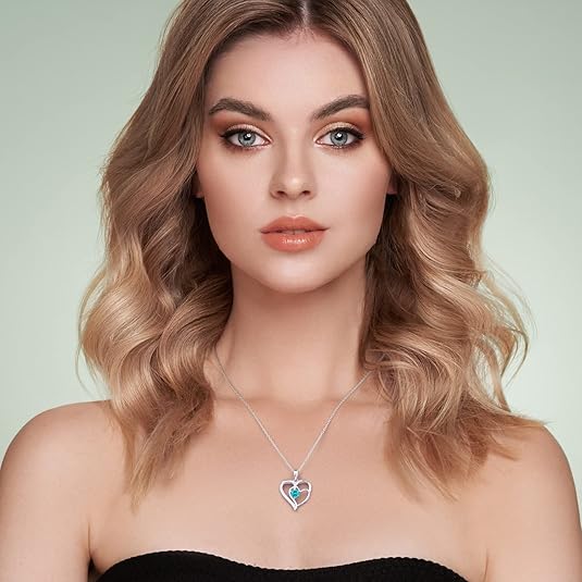 Birthstone Heart Necklace 925 Silver White Gold Plated