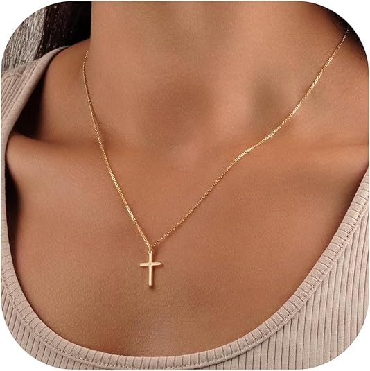 Gold Cross CZ Pendant Necklace 14K Plated Women