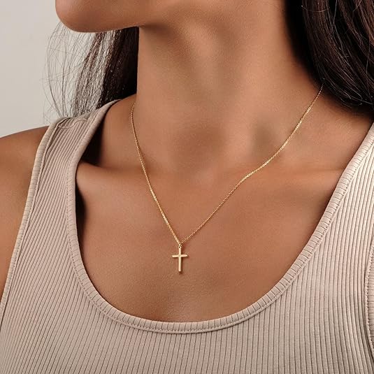 Gold Cross CZ Pendant Necklace 14K Plated Women