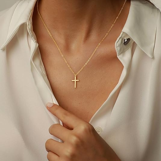 Gold Cross CZ Pendant Necklace 14K Plated Women