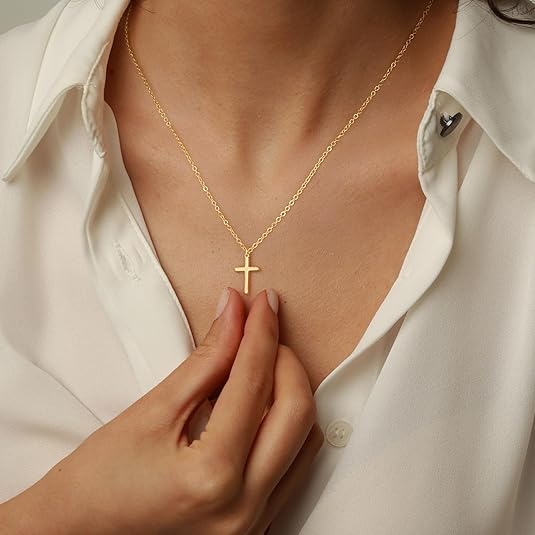 Gold Cross CZ Pendant Necklace 14K Plated Women