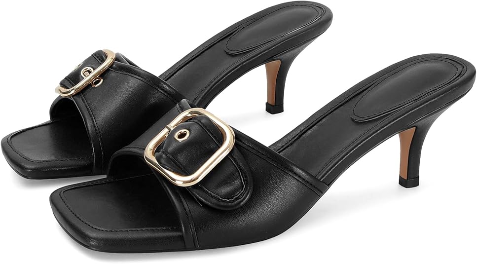 Black & Brown Kitten Heel Slides Square Toe Mule Sandals Women