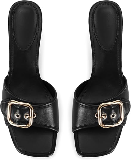 Black & Brown Kitten Heel Slides Square Toe Mule Sandals Women