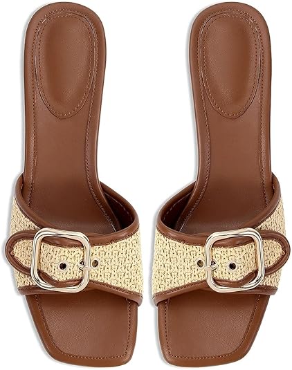 Black & Brown Kitten Heel Slides Square Toe Mule Sandals Women