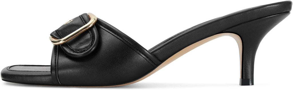 Black & Brown Kitten Heel Slides Square Toe Mule Sandals Women