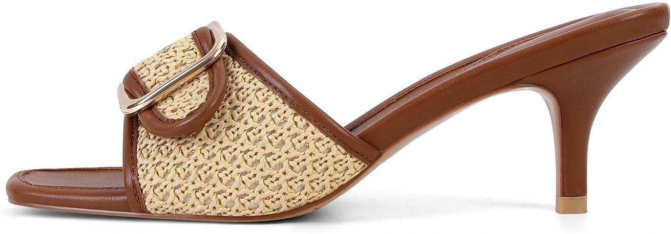 Black & Brown Kitten Heel Slides Square Toe Mule Sandals Women