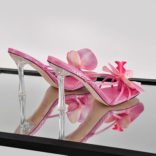 Clear Kitten Heels Floral Print Slip-On Mules Women