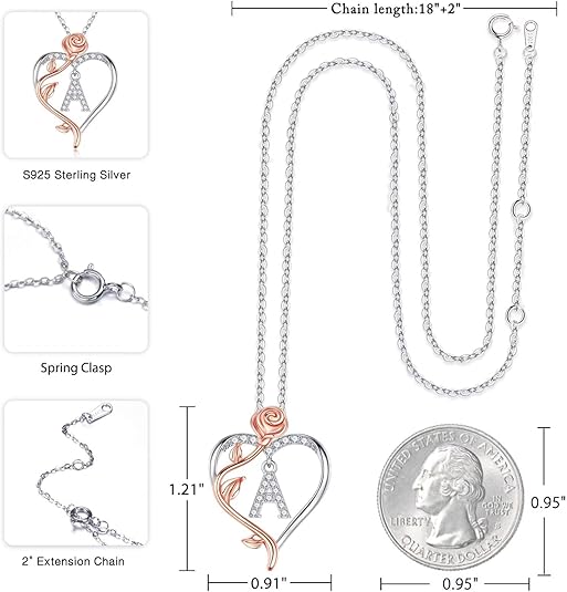 Rose Heart Initial Necklace 925 Sterling Silver Gift for Women
