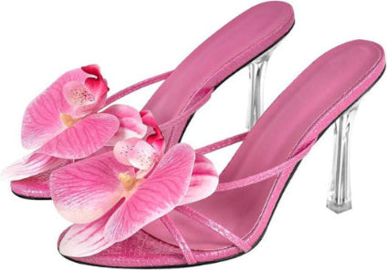 Clear Kitten Heels Floral Print Slip-On Mules Women