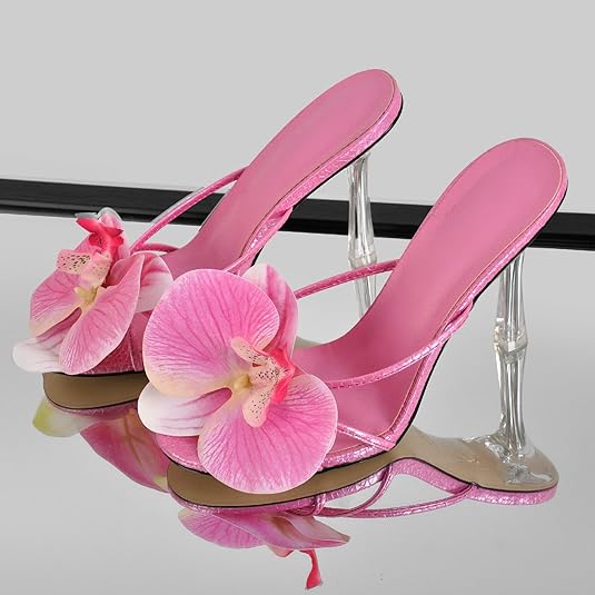 Clear Kitten Heels Floral Print Slip-On Mules Women