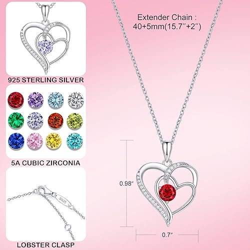 Birthstone Heart Necklace 925 Silver White Gold Plated