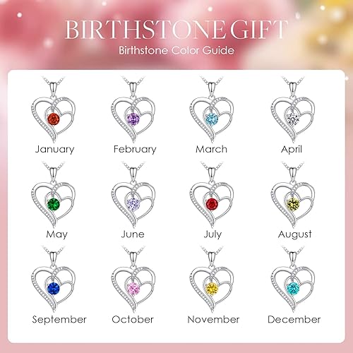 Birthstone Heart Necklace 925 Silver White Gold Plated