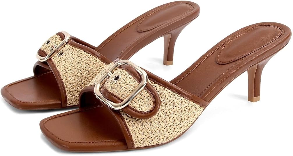 Black & Brown Kitten Heel Slides Square Toe Mule Sandals Women