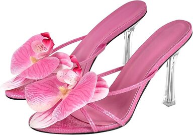 Clear Kitten Heels Floral Print Slip-On Mules Women